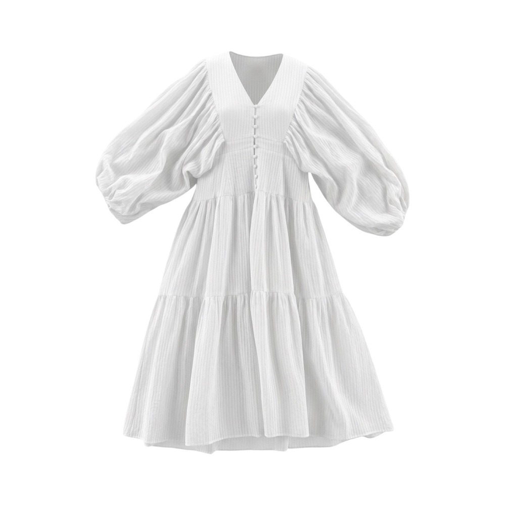 Just Me White Midi Dress with Puff Sleeves